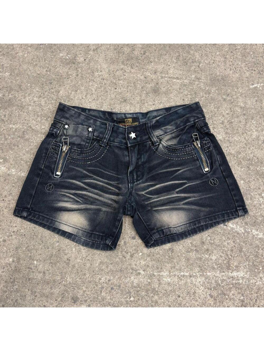 Vintage Y2K Low Rise Denim Micro Shorts Black Star Button